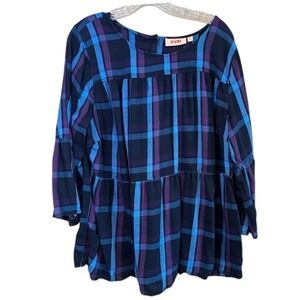 EVRi Women's Black Blue Purple Plaid 3/4 Sleeve Tunic Blouse Size 1X